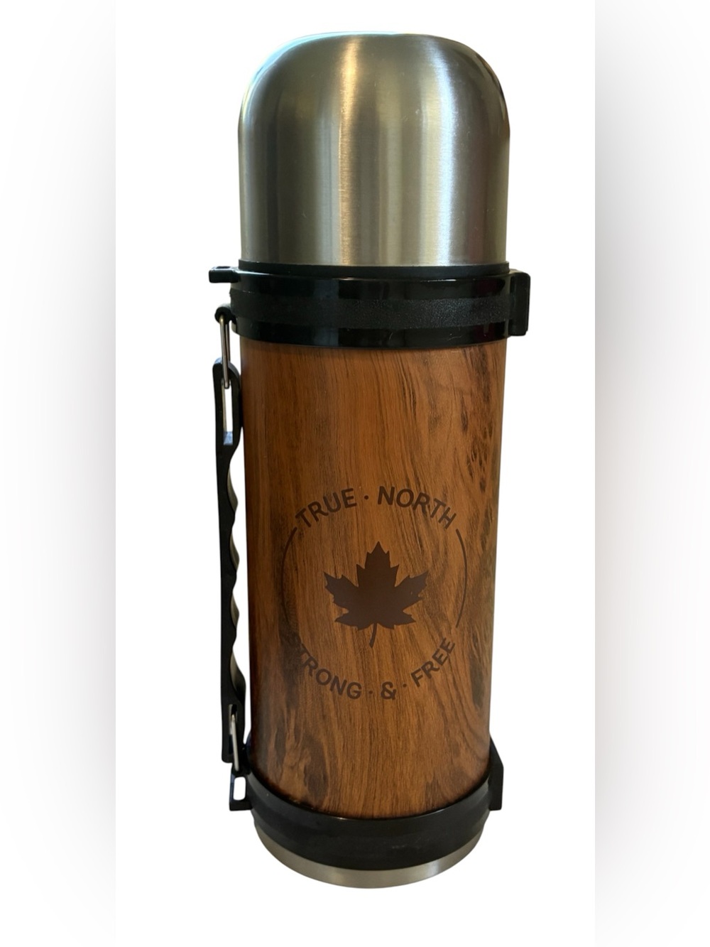 INSULATED THERMOS CANADIAN TRUE NORTH COFFEE TRAVEL MUG WOOD GRAIN